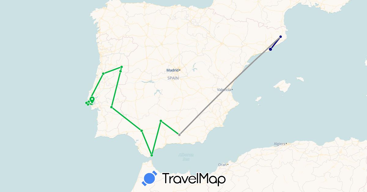 TravelMap itinerary: driving, bus, plane in Spain, Gibraltar, Portugal (Europe)